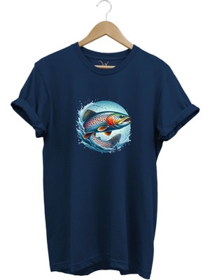 Alabalık Baskılı Balıkçılık %100 Pamuk Regular Fit Bisiklet Yaka T-Shirt