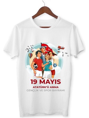Alpşan Ticaret 19 Mayıs Tişört Çocuk Yetişkin Beyaz T-Shirt Unisex Çocuk Tişört