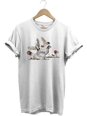 Avcılık Hunting Fermalı English Setter ve Çulluk Baskılı %100 Pamuk Regular Fit T-Shirt