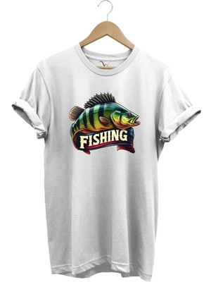 Fishing Balıkçılık Baskılı Levrek Balığı %100 Pamuk Regular Fit Bisiklet Yaka T-Shirt