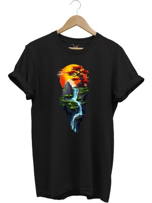 Manzara Ağaç Güneş Dağ ve Nehir Baskılı %100 Pamuk Regular Fit Bisiklet Yaka T-Shirt