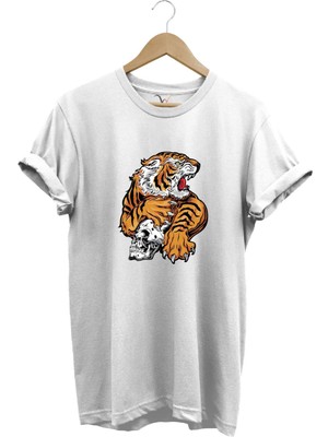 Vahşi Kaplan Tasarım ve Kuru Kafa Baskılı %100 Pamuk Regular Fit Bisiklet Yaka T-Shirt
