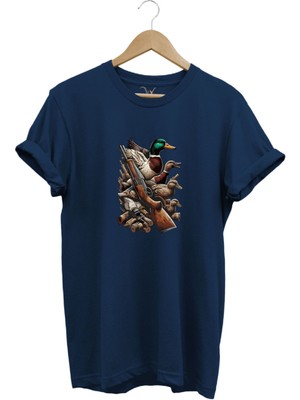 Widi Hunting Avcılık Baskılı Ördek Avı ve Tüfek Baskılı %100 Pamuk Regular Fit Bisiklet Yaka T-Shirt