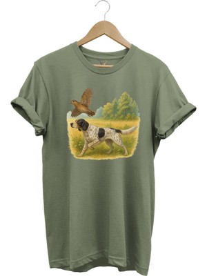 Hunting Avcılık Vahşi Yaşam Avcı Köpeği ve Çulluk Kuşu Baskılı %100 Pamuk Regular Fit T-Shirt