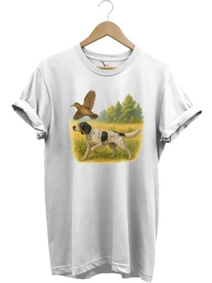 Hunting Avcılık Vahşi Yaşam Avcı Köpeği ve Çulluk Kuşu Baskılı %100 Pamuk Regular Fit T-Shirt