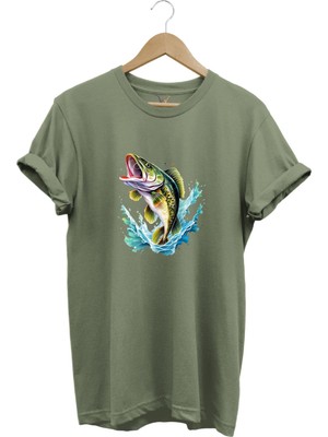 Fishing Balıkçılık Levrek Balığı Deniz Baskılı %100 Pamuk Regular Fit Bisiklet Yaka T-Shirt