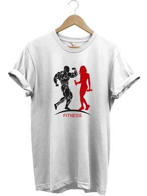 Gym Fitness Spor Yapan Kadın ve Erkek Baskılı %100 Pamuk Regular Fit Bisiklet Yaka T-Shirt