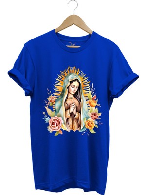 Renkli Meryem Ana Baskılı %100 Pamuk Regular Fit Bisiklet Yaka T-Shirt