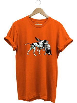 Avcılık Hunting Renkli Pointer Setter Köpekleri Baskılı %100 Pamuk Regular Fit Bisiklet Yaka T-Shirt