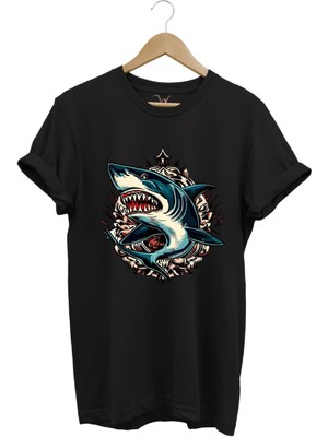 Köpek Balığı Baskılı Deniz Kum Güneş Shark Baskılı Regular Fit %100 Pamuk Tişört