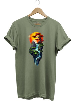 Manzara Ağaç Güneş Dağ ve Nehir Baskılı %100 Pamuk Regular Fit Bisiklet Yaka T-Shirt