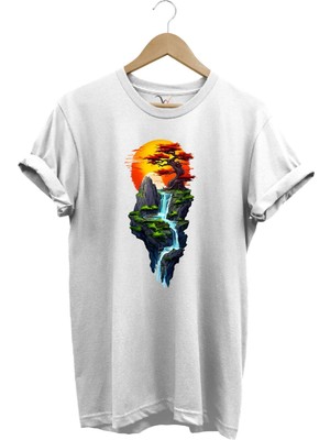 Manzara Ağaç Güneş Dağ ve Nehir Baskılı %100 Pamuk Regular Fit Bisiklet Yaka T-Shirt