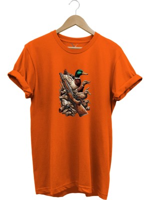Widi Hunting Avcılık Baskılı Ördek Avı ve Tüfek Baskılı %100 Pamuk Regular Fit Bisiklet Yaka T-Shirt