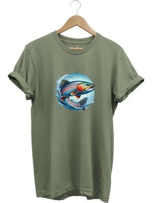 Alabalık Baskılı Balıkçılık %100 Pamuk Regular Fit Bisiklet Yaka T-Shirt