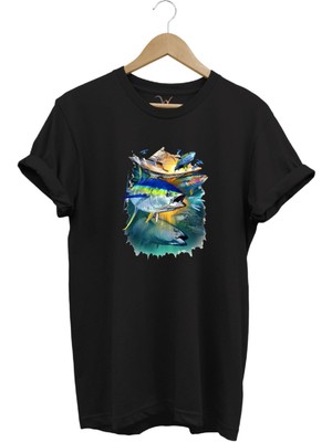 Fishing Balık Baskılı Balıkçılık %100 Pamuk Regular Fit Bisiklet Yaka T-Shirt