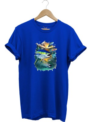 Fishing Balık Baskılı Balıkçılık %100 Pamuk Regular Fit Bisiklet Yaka T-Shirt