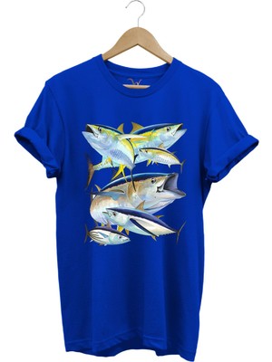 Balık Desenli Gümüş Balığı Baskılı %100 Pamuk Regular Fit Bisiklet Yaka T-Shirt