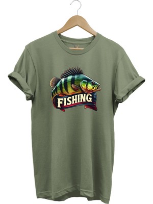 Fishing Balıkçılık Baskılı Levrek Balığı %100 Pamuk Regular Fit Bisiklet Yaka T-Shirt