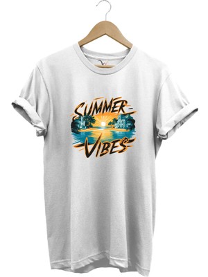Summer Vibes Baskılı Yazlık Tatil Deniz %100 Pamuk Regular Fit Bisiklet Yaka T-Shirt