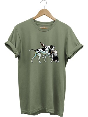 Avcılık Hunting Renkli Pointer Setter Köpekleri Baskılı %100 Pamuk Regular Fit Bisiklet Yaka T-Shirt