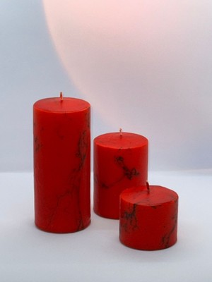 3'lü Kütük Silindir Set Mum Kırmızı Mermer Desenli Vanilya Kokulu  7 Çap Boylar 5-9-15 cm