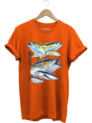 Balık Desenli Gümüş Balığı Baskılı %100 Pamuk Regular Fit Bisiklet Yaka T-Shirt