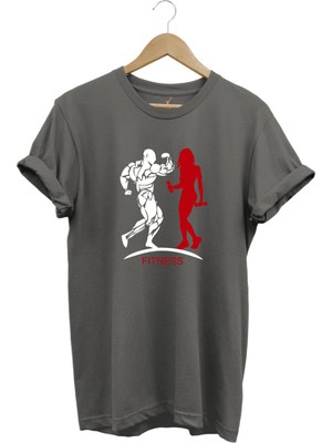 Gym Fitness Spor Yapan Kadın ve Erkek Baskılı %100 Pamuk Regular Fit Bisiklet Yaka T-Shirt