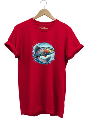 Alabalık Baskılı Balıkçılık %100 Pamuk Regular Fit Bisiklet Yaka T-Shirt