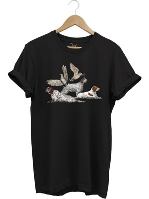 Avcılık Hunting Fermalı English Setter ve Çulluk Baskılı %100 Pamuk Regular Fit T-Shirt