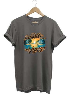 Summer Vibes Baskılı Yazlık Tatil Deniz %100 Pamuk Regular Fit Bisiklet Yaka T-Shirt
