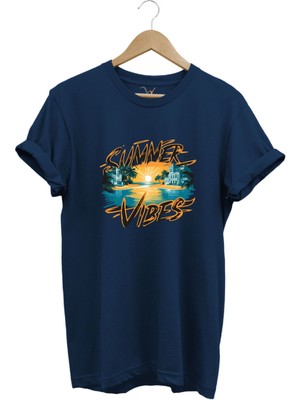 Summer Vibes Baskılı Yazlık Tatil Deniz %100 Pamuk Regular Fit Bisiklet Yaka T-Shirt