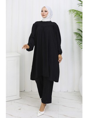 Sefa Merve Büzgülü Tunik Pantolon Ikili Takım 2089-01 Siyah