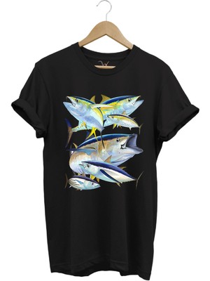 Balık Desenli Gümüş Balığı Baskılı %100 Pamuk Regular Fit Bisiklet Yaka T-Shirt