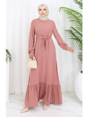 Sefa Merve Eteği Fırfırlı Kuşaklı Elbise 4103-07 Pembe