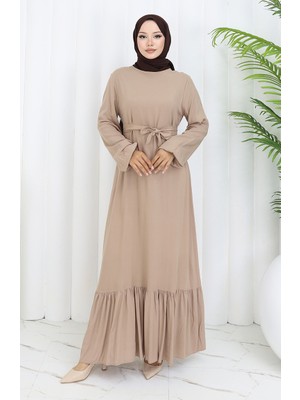 Sefa Merve Eteği Fırfırlı Kuşaklı Elbise 4103-04 Vizon