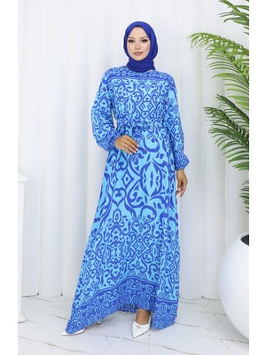 Sefa Merve Desenli Kuşaklı Elbise 2091-04 Mint Mavi Saks