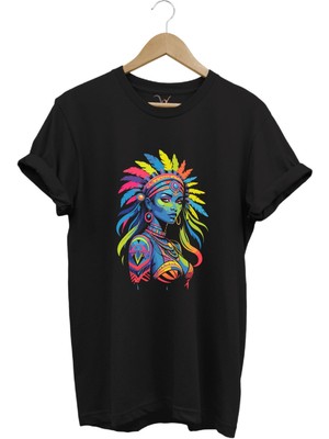 Renkli Kızılderili Baskılı %100 Pamuk Regular Fit Bisiklet Yaka T-Shirt