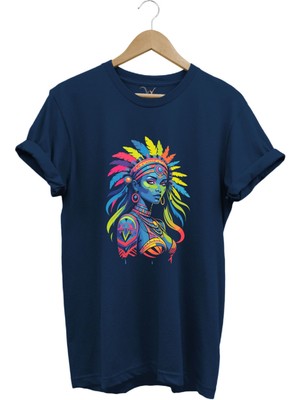 Renkli Kızılderili Baskılı %100 Pamuk Regular Fit Bisiklet Yaka T-Shirt
