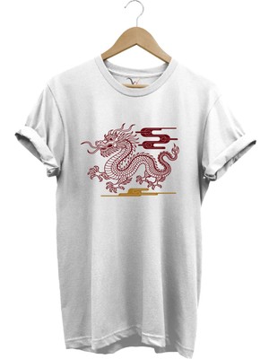 Mitolojik Asya Çin Ejderha Baskılı %100 Pamuk Regular Fit Bisiklet Yaka T-Shirt