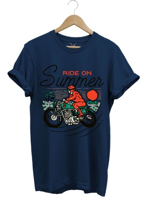Motorsiklet Motorcu Özel Yaz Tasarımlı Ride On Summer Regular Fit %100 Pamuk T-Shirt
