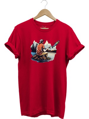 Fishing Balıkçılık Baskılı Olta ile Alabalık Avı %100 Pamuk Regular Fit T-Shirt