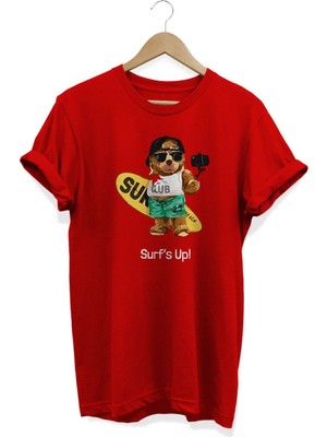 Sörfçü Ayıcık Baskılı %100 Pamuk Dijital Baskılı Tişört