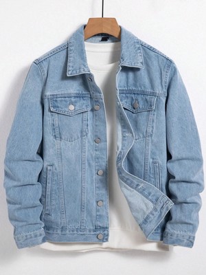 Erkek Jean Denim Standart Kalıp Cepli Düğmeli Kot Ceket
