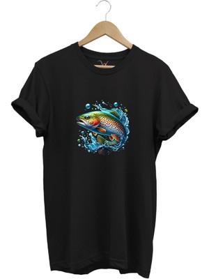 Fishing Avcılık Alabalık Balıkçılığı Baskılı %100 Pamuk Regular Fit Bisiklet Yaka T-Shirt