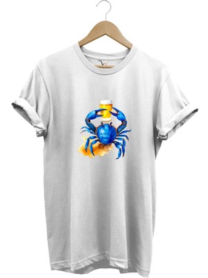 Yaz Baskılı Mavi Yengeç %100 Pamuk Regular Fit Bisiklet Yaka T-Shirt