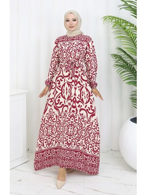 Sefa Merve Desenli Kuşaklı Elbise 2091-05 Bordo Bej