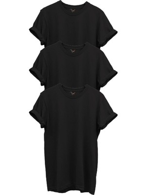 3'lü Siyah %100 Pamuk Regular Fit Bisiklet Yaka Premium T-Shirt