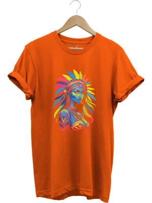 Renkli Kızılderili Baskılı %100 Pamuk Regular Fit Bisiklet Yaka T-Shirt