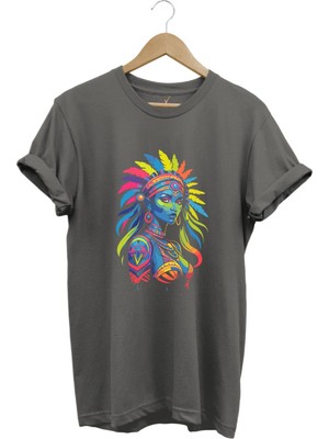 Renkli Kızılderili Baskılı %100 Pamuk Regular Fit Bisiklet Yaka T-Shirt