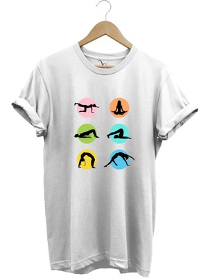 Yoga Meditasyon Hareketleri Baskılı %100 Pamuk Regular Fit Bisiklet Yaka T-Shirt